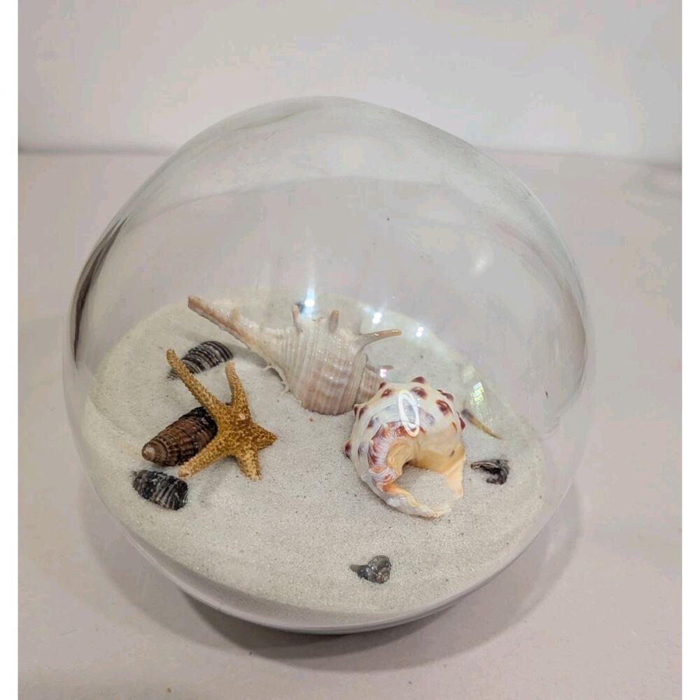 Vintage Glass Beach Orb Coastal Cottagecore Tabletop Shell Sandglobe Terrarium
